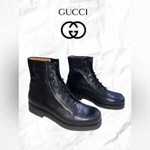 Gucci Men's Black Leather Lace-Up Boots with Goodyear Rubber Sole Construction